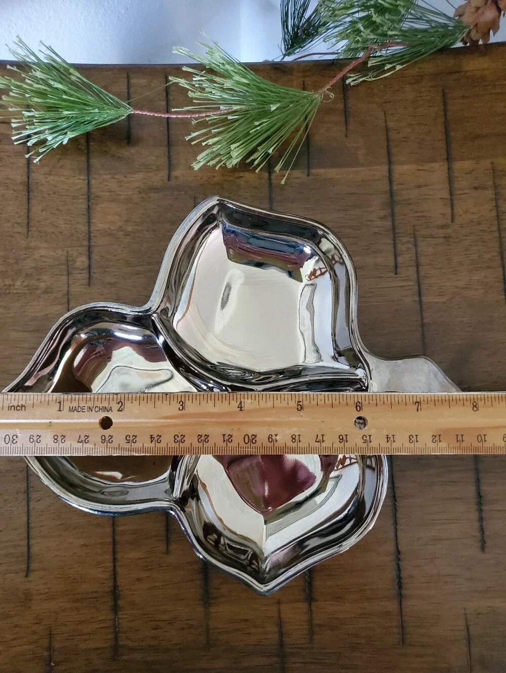 Vintage MCM Mercury Glass Divided Maple Leaf Dish Silver Lusterware